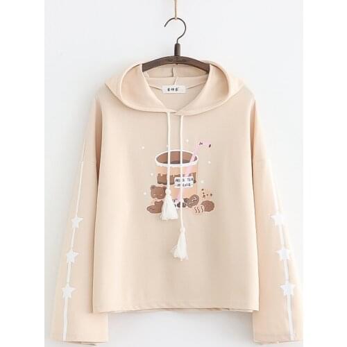 Harajuku Bear Printed Soft Girls Hoodies Japanese Kawaii Long Sleeve Casual Women Sweatshirt Female Cute Loose Soft Pullover