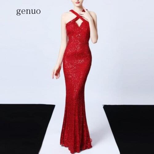 New Women Sequined Party Long Red Dresses Halter Sleeveless Mermaid Formal Dress Ladies Solid Sexy Elegant Robes