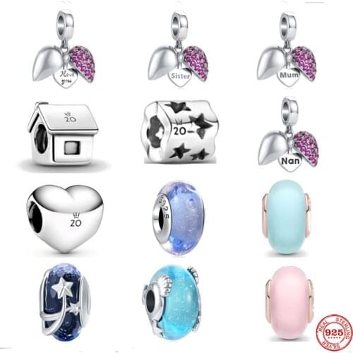 925 Silver Bead Pendant Bubble Murano MOM NAN Heart Sister Fit Pandora Original Bracelet Charms Beads For Women DIY Jewelry