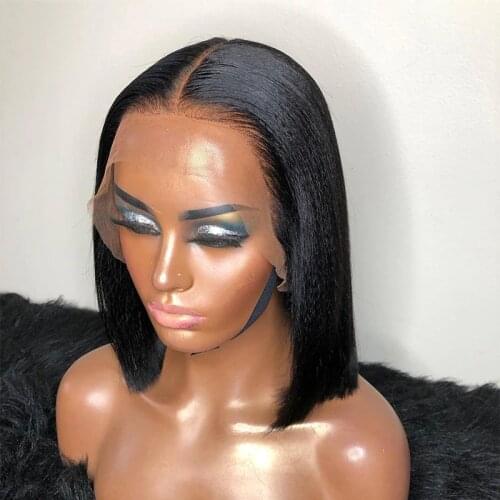 Yaki Short Bob Kinky Straight Black Lace Front Wig For Women Human Remy Hair Babyhair Natural Hairline Brazilian Can Dye Permed