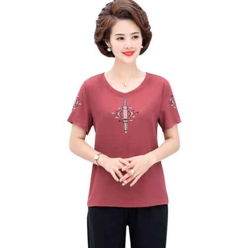 Embroidery Pullover Short Sleeve Tops Women T-Shirts Bottom Shirt Summer Middle Age Mother Clothing 5XL 4XL
