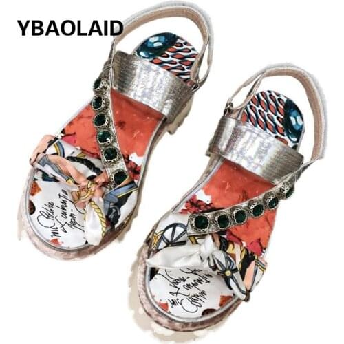 Colorful Leather Handmade Rhinestones Silk Satin Bow Open-toe Sandals Printed Shallow Mouth Velcro Platform Roman Beach Shoes