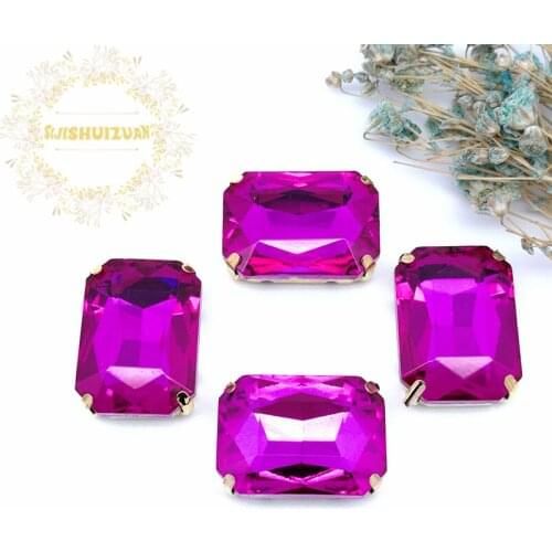Rose red Rectangle shape Glass Crystal sew on rhinestones with FOUR gold claw Diy wedding dress accessories Free shipping