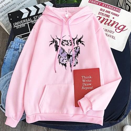 Pink Kawaii Anime Butterfly Printing Casual Gothic Hoodies Indie Aesthetic Harajuku Streetwear Women Sweatshirt Tops Clothes