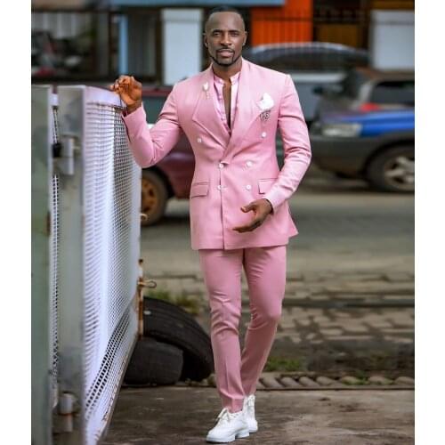 Pink Men Suits Double Breasted 2021 Latest Design Groom Party Wedding Male Tuxedos Best Man Costume Homme 2 Pieces