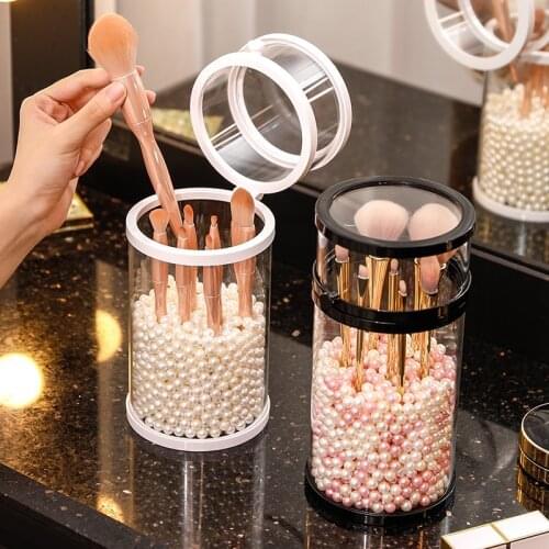 Glass Dust Proof Makeup Brush Organizer Dressing Table Eyebrow Lipstick Pencil Box With Lid Pearl Jewelry Storage Box Holder