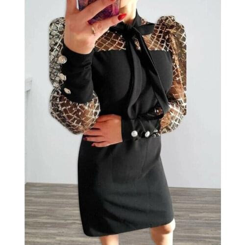 Women Dresses Bodycon Cocktail Long Sleeve Mini Sequin Dress Black Career Tie Neck Dress /BY