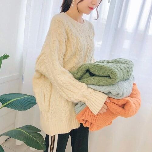 2020 New Autumn Winter Women Solid Loose Long Sleeve Pullover O Neck Casual Sweet Cute Office Lady Short Knitted Sweater S08
