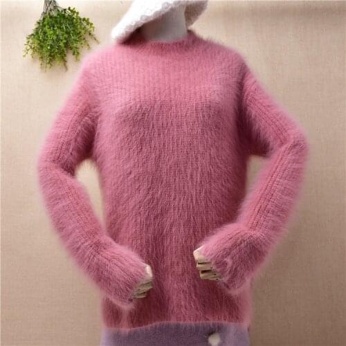Ladies women fashion sweet pink hairy angora rabbit hair knitted slit loose pullover mink cashmere winter jumper sweater pull
