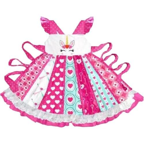 High quality pink girl polka dots sleeves flutter sleeves unicorn print boutique twirl dress