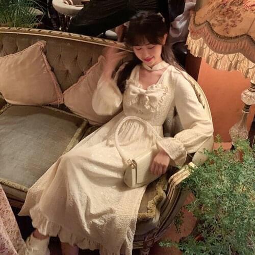 2021Autumn Vintage Fairy Dress Women Elegant Designer Bow tie Dress Long Sleeve French Party Midi Dress Casual Womens Clothing