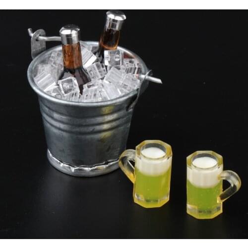 1/12 Dollhouse Miniature Beer Bottles Cups with Bucket Set for Doll House Kitchen or End Table or Pub Bar Decoration