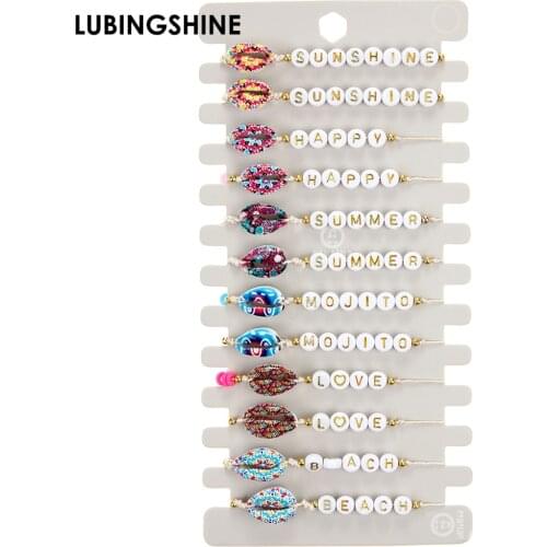 12Pcs/Set Boho Colorful Shell Charm Bracelets for Women Adjustable Soft Clay Disc Acrylic Letter Beaded Bracelet Anklet Jewelry