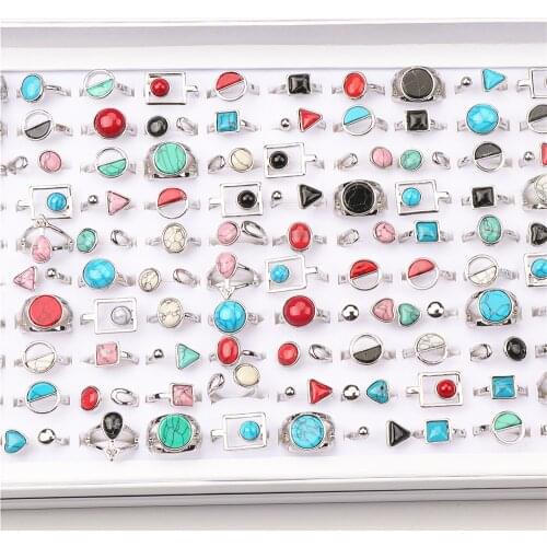 20pcs/lot Simple Geometric Natural Stone Silver Plated Metal Adjustable Rings For Men Women Fashion Party Gift Jewelry Mix Style