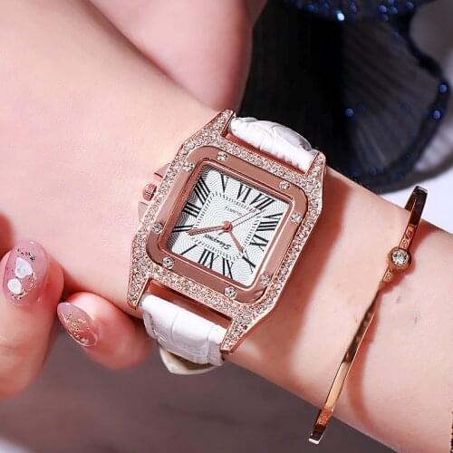 Women Diamond Watch Starry Square Dial Bracelet Watches Set Ladies Leather Band Quartz Wristwatch Female Clock