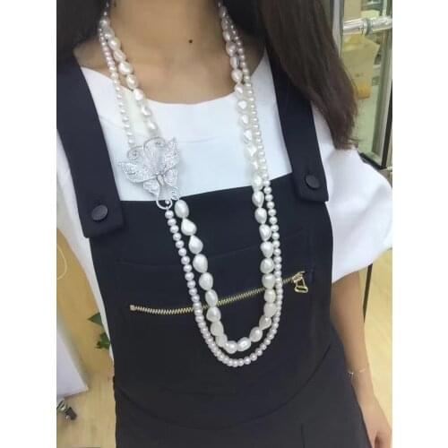 Long fresh water pearl necklace double layers cubic zircon butterfly fashion women jewelry free shipping