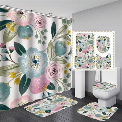 3D Flowers Rose Elegant Shower Curtain Set Color Waterproof Bathing Bathroom Pedestal Rug Lid Carpet Toilet Cover Decor Home