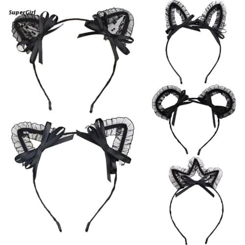 J78E Sweet Black Lace Animal Cat Ears Headband Bowknot Ruffled Mesh Tulle Hair Hoop Masquerade Party Cosplay Anime Hair for