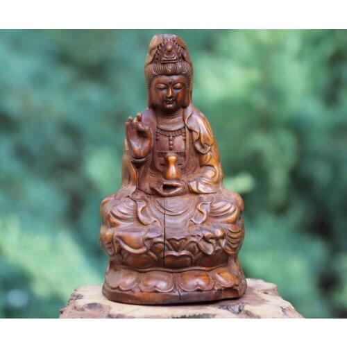 10 CM China Boxwood Lotus Guanyin Kwan-yin Bodhisattva Avalokiteshvara sculpture