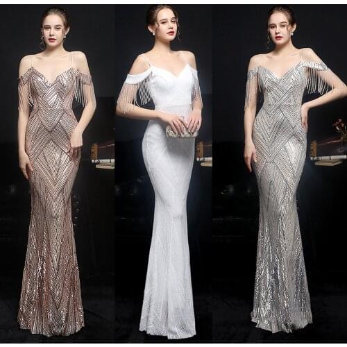 Off Shoulder Full Cocktail Dress Tassels Sleeve Sequins Party Dresses Women Sexy Mermaid Prom Gowns Luxurious Fomal Vestidoes