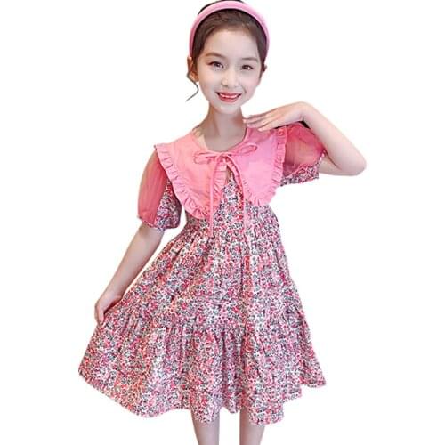 Summer Dress Girl 2021 Mesh Dress Girls Floral Pattern Dress For Kids Patchwork Costume Girl 6 8 10 12 14