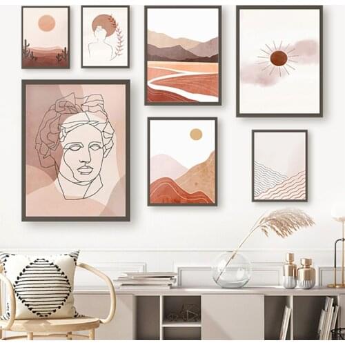 Boho Minimalist Abstract Figure Lines Animal Wall Art Canvas Painting Sun Moon Plant Poster Landscape Pictures for Home Loft