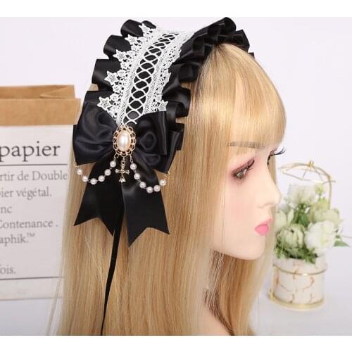 Gothic Lolita Ruffles Lace Headband Maid Women Girls Ribbon Bell Lolita Plush Cat Ears Cosplay Hair Hoop Kawaii Accessories
