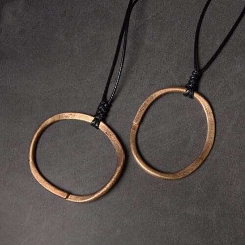 Pure Copper Hand Crafted Solid Pendant Necklace Minimalist Retro Sweater Size Adjustable Metal Puck Jewelry Unisex For Couple