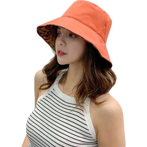 Women Summer Vintage Leopard Print Bucket Hat Reversible Double Sides Wide Brim Sunscreen Packable Panama Fisherman Cap