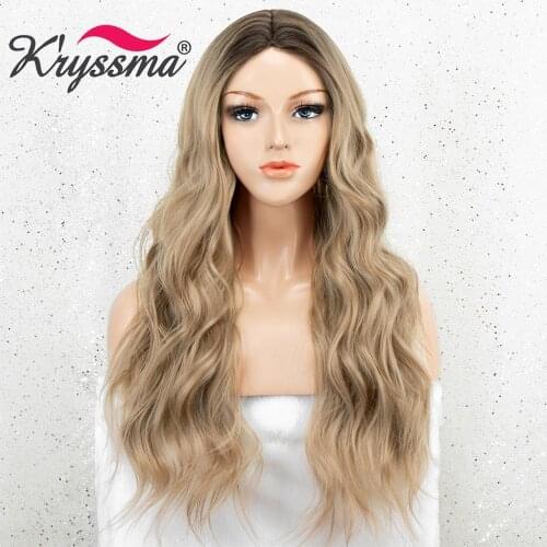 Kryssma Ombre Blonde Wigs Long Wavy Synthetic Wigs For Women Body Wave Cosplay Wigs Mixed Black Heat Resistant Fiber Hair Wig