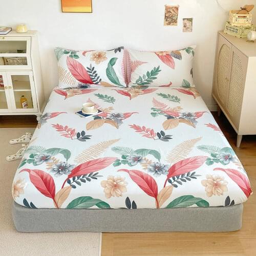 Bonenjoy Bed Linen Cotton Flower Printed 100%Cotton Bed Sheet with Elastic Queen/King Size Fitted Sheet 180x200cm(no pillowcase)