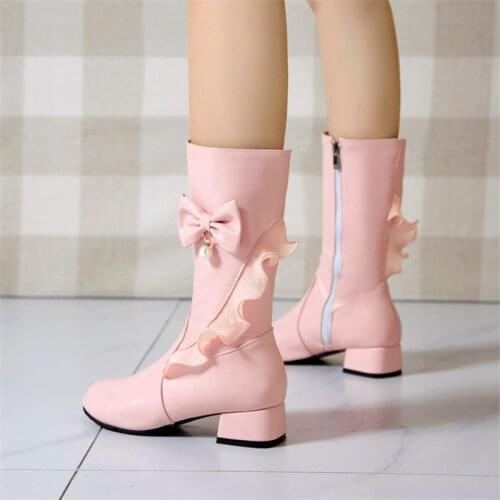 PXELENA Cute Kawaii Ruffles Butterfly-knot Princess Mid Calf Boots Low Heels Women Winter Shoes 2020 White Pink Girls Collegiate