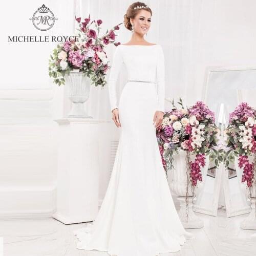 Michelle Royce Mermaid Wedding Dresses 2020 Scoop Long Sleeve Backless Button Beaded Court Train Bride Gowns Vestido De Novia