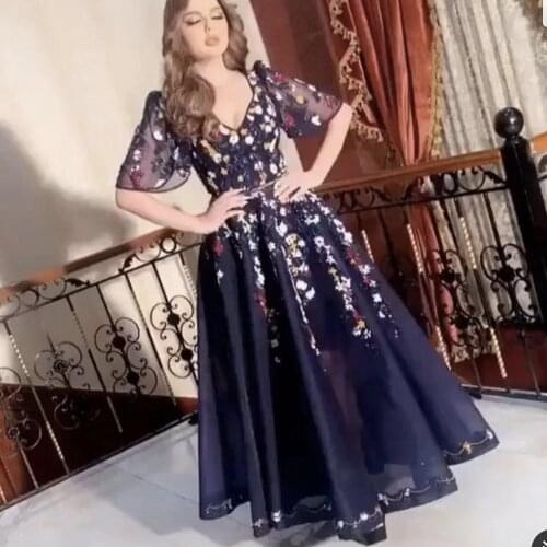 Navy prom dresses embroidery short sleeve deep v neck lace evening dresses a line formal dresses evening gowns