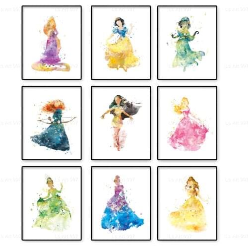 TOMY Disney Princess Cartoon Watercolor Canvas Painting Nordic Wall Art Set Poster and Print Home Girl Room Decoration Cuadros