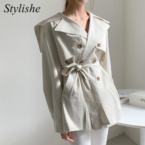 Belted Womens Windbreaker 2021 Double Breasted White Short Female Trench Coat Autumn Apricot Korean Fashion Loose Jacket Ladies