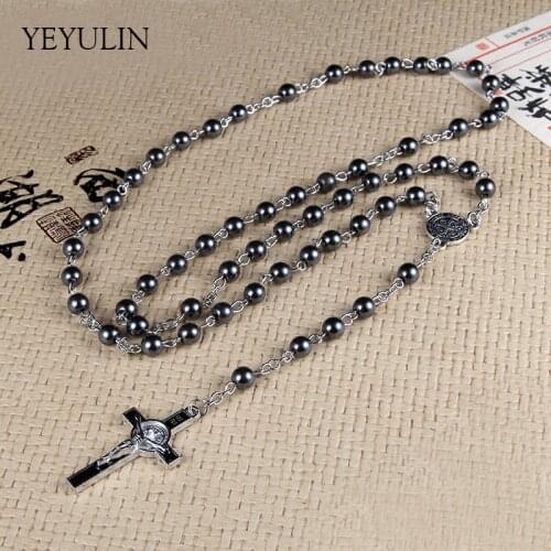High Grade Hematite Stone Rosary Beads Necklace With Jesus Cross Long Pendant Charms Prayer Catholic Jewelry