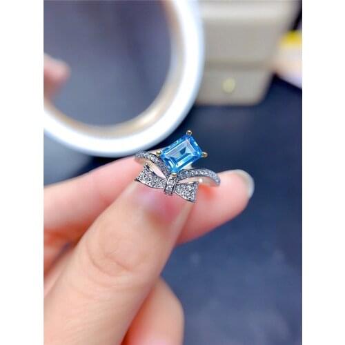 WEAINY Natural Swiss Blue Topaz Ring,Bowknot Style Ring,5*7mm Rectangular Natural Gemstone,Genuine 925 Sterling Silver Jewelry