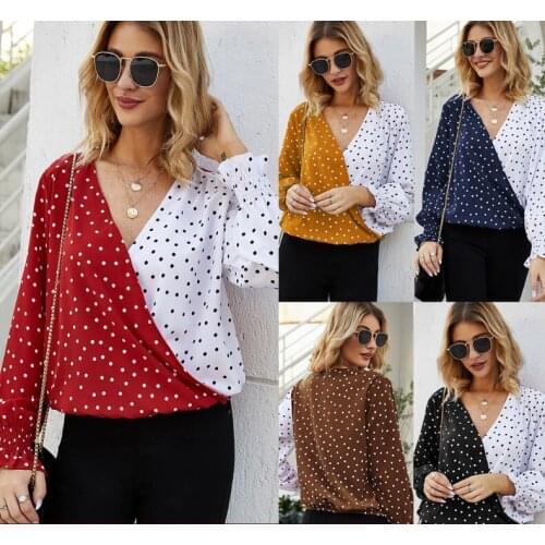 Womens Summer Casual Polka Dots V-neck Shirt Patchwork Blouse Tops