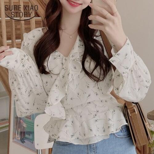 2021 Puff Sleeve Clothing Blusas Mujer Autumn Ruffled Floral Chiffon Shirt Women Office Casual Long Sleeve Women Blouse 10249