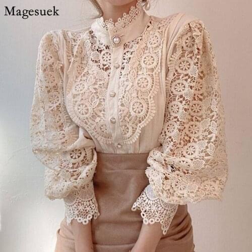 Women New Korean Button Loose Shirt Tops Female Hollow Casual Ladies Blouses Vintage Solid White Lace Blouse Shirts Blusas 12928