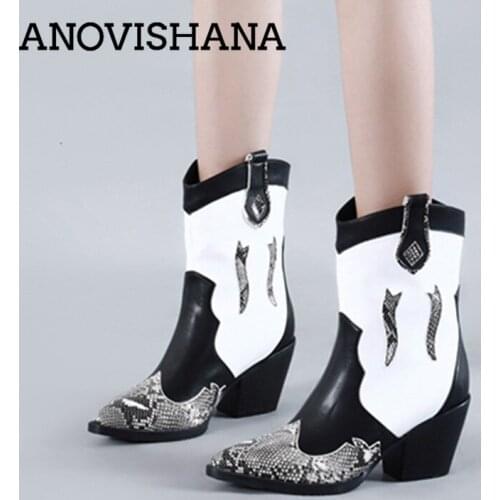 ANOVISHANA Womens Winter boots designed Wide Calf Boots block heels pointed toe slip on leather shoes Fashion Western booties