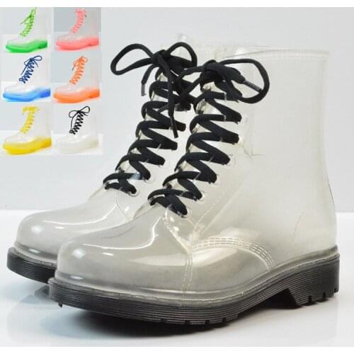 Women Rain Boots Mature Lady Lace Up Waterproof Lady Shoes Transparent Candy Color Ankle Outdoor Girls Shoes 352