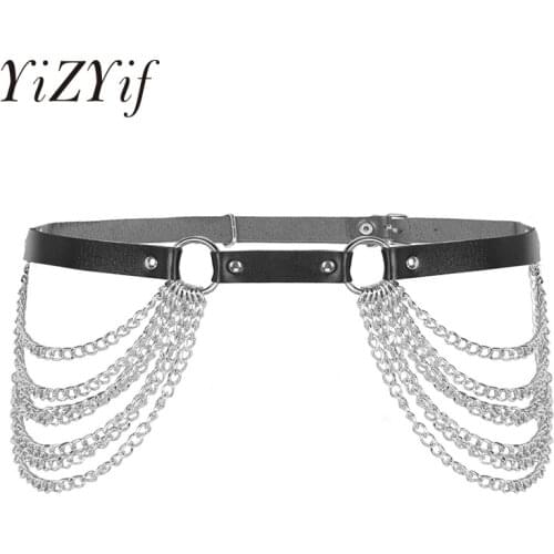 Women Punk Gothic Waist belts Harness Adjustable Faux Leather Harness Belt Waist Body Caged with Metal O Rings and Chain Tassel