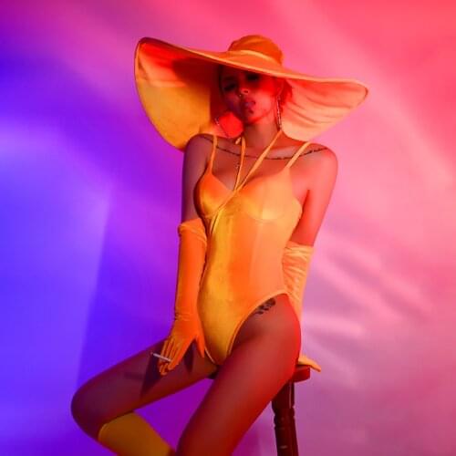 Women Blue Korean velvet Bodysuit Big Hat Leotard Outfit Women Bar Dance Stage Costume Celebration Dress Pole Dance Suit 2020