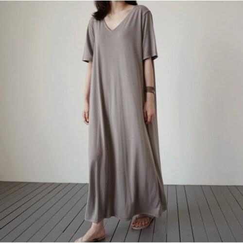Johnature Summer Casual Loose Solid Color Long Women Dresses 2021 New V-neck Half Sleeve Size S-XL Korean Simple Female Dress