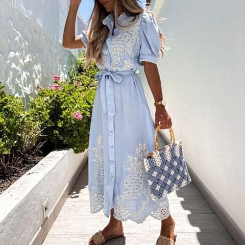 Fashion Women Dress Embroidery Stand Collar Short Sleeve Single-breasted Hollow Out Shirt Dress for Office