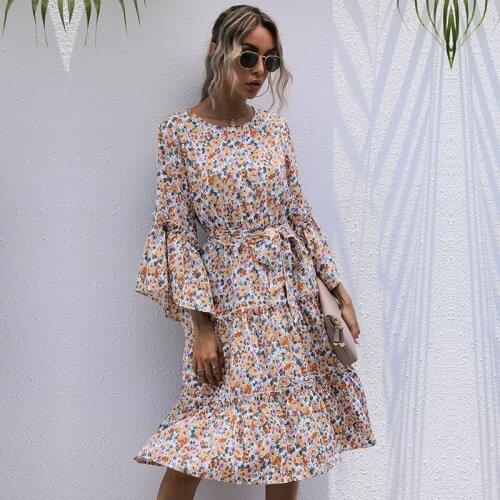Boho Office Holiday Black Elegant O Neck Dresses XL New Long Sleeve Midi Dress Autumn 2020 Women Flower Print Aesthetic Clothes