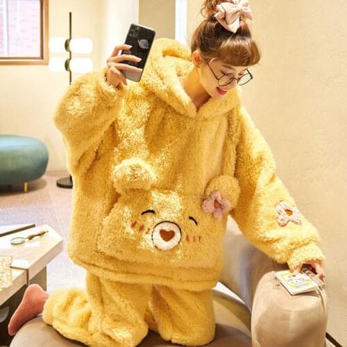Winter Pyjamas Cartoon Women Sleepwear Coral Velvet Pajamas Add Fleece and Thicken Pajamas Hooded Plush Plus Size