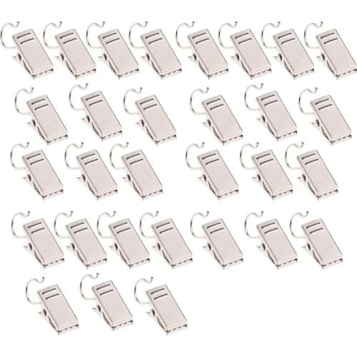 30 x Shower Curtain Clips with Hook Gliding Hanging Clamp Hanger Hook, Clothes Peg 32mm Silver